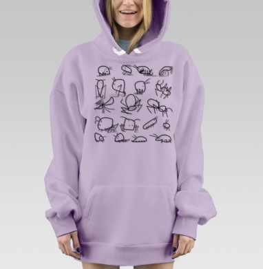 Милые разнообразные насекомые черные линии Серый фон, Hoodie Mjhigh Dig Mel, Fiolet, утепленная