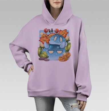 Милые слаймы и краб в цветущем саду, Hoodie Mono Fiolet, оверсайз, утепленная