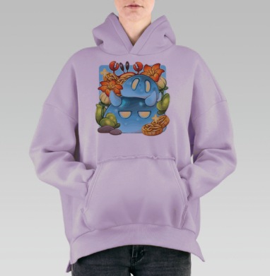 Милые слаймы и краб в цветущем саду, Hoodie Oversize Fiolet, утепленная