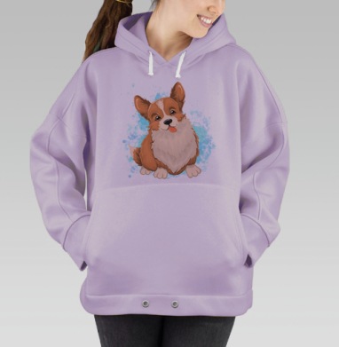 Милый Корги щенок с высунутым языком в голубом фоне, Hoodie Oversize Fiolet