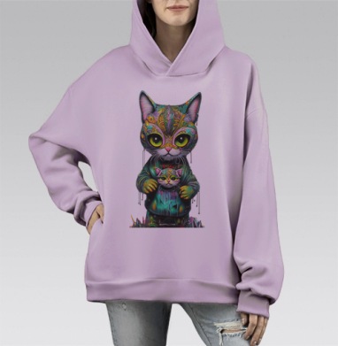 Милый котенок в стрит арте, Hoodie Mono Fiolet, оверсайз, утепленная