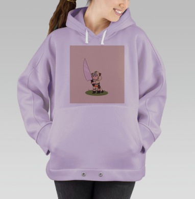 Милый персонаж с большим ножом и зелёной травой на фоне, Hoodie Oversize Fiolet