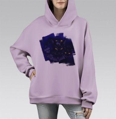 Мистические кошки с яркими глазами таинственная сцена, Hoodie Mono Fiolet, оверсайз, утепленная