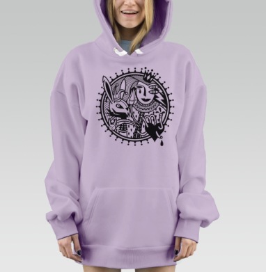 Монохромная иллюстрация с тройным глазом кроликами и сердцем, Hoodie Mjhigh Dig Mel, Fiolet, утепленная