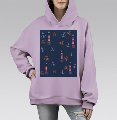 Морская сцена с маяками кораллами и якорями, Hoodie Mono Fiolet, оверсайз, утепленная