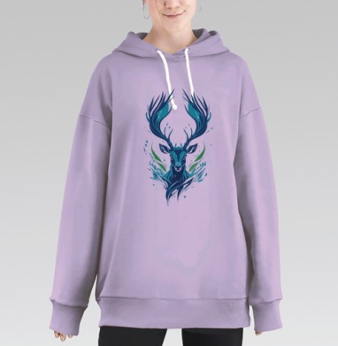 Мощный абстрактный олень с энергией лесной стихии, Hoodie Long Oversize Fiolet