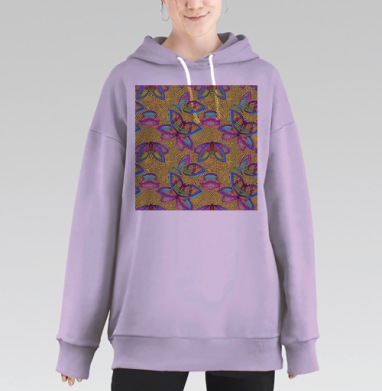 Мозаичный узор с яркими бабочками из бусин на жёлтом фоне, Hoodie Long Oversize Fiolet