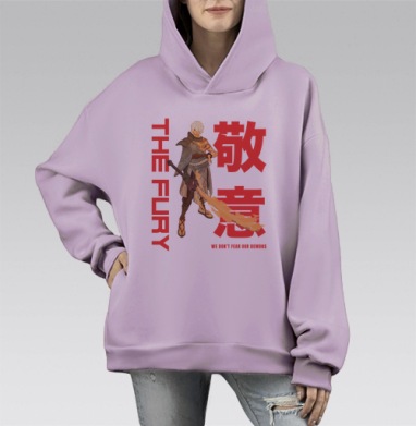 Мужчина с пламенным мечом в динамичной позе Ярость и демоны, Hoodie Mono Fiolet, оверсайз, утепленная