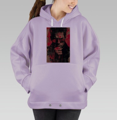 Мужчина в очках с кулаком у рта в красно черных тонах, Hoodie Oversize Fiolet