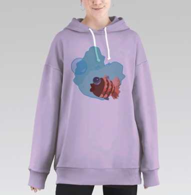 Мультяшная рыба в голубой воде пузырями окружена, Hoodie Long Oversize Fiolet