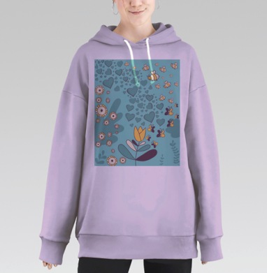 Мягкая пастельная сцена пчел и бабочек вокруг цветов и сердечек, Hoodie Long Oversize Fiolet