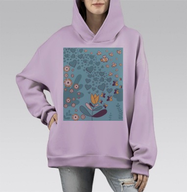 Мягкая пастельная сцена пчел и бабочек вокруг цветов и сердечек, Hoodie Mono Fiolet, оверсайз, утепленная