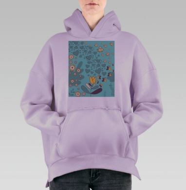 Мягкая пастельная сцена пчел и бабочек вокруг цветов и сердечек, Hoodie Oversize Fiolet, утепленная