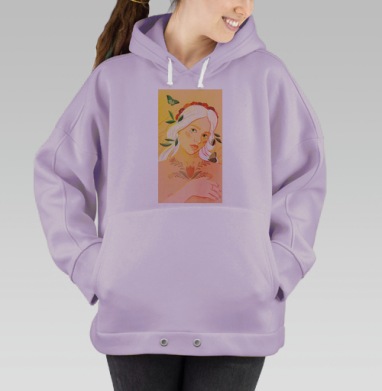 Нежная женщина с бабочками и листьями в пастельных тонах, Hoodie Oversize Fiolet