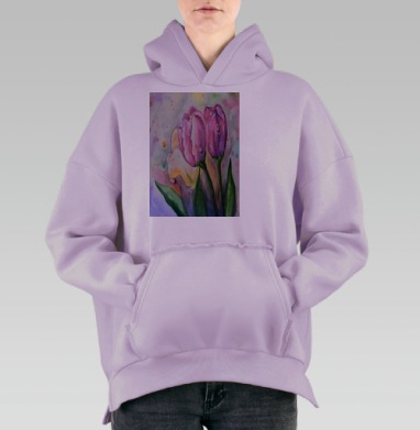 Нежное весеннее пробуждение тюльпанов с каплями росы, Hoodie Oversize Fiolet, утепленная