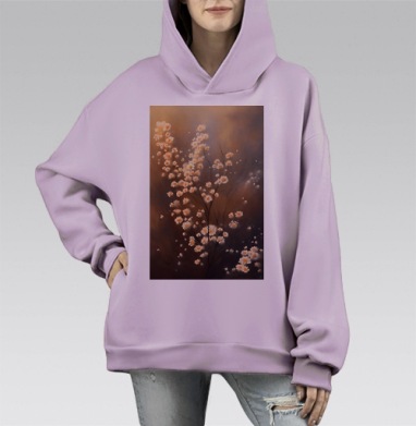 Нежные белые цветы на ветках с тёплыми коричневыми оттенками на фоне, Hoodie Mono Fiolet, оверсайз, утепленная