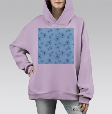 Нежные голубые цветы в синих контурах на светлом фоне, Hoodie Mono Fiolet, оверсайз, утепленная