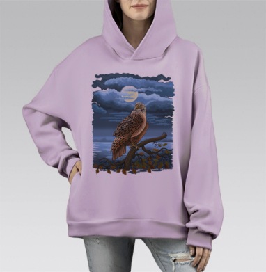 Ночная птица на ветке под луной – Ночная птица на ветке, Hoodie Mono Fiolet, оверсайз, утепленная