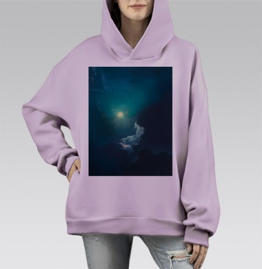 Ночное Светящееся Небо с Облаками Туманными, Hoodie Mono Fiolet, оверсайз, утепленная