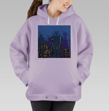 Ночной городской пейзаж с яркими окнами огнями в мегаполисе, Hoodie Oversize Fiolet