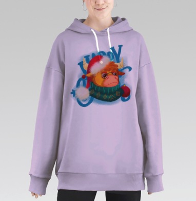 Новогодний бычок с шарфом и колпаком символ 2021 года, Hoodie Long Oversize Fiolet