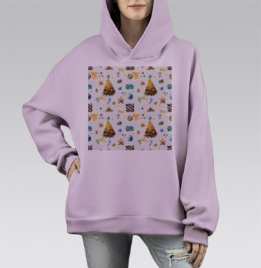 Новогодняя елка коричневая голубая упаковка подарков, Hoodie Mono Fiolet, оверсайз, утепленная