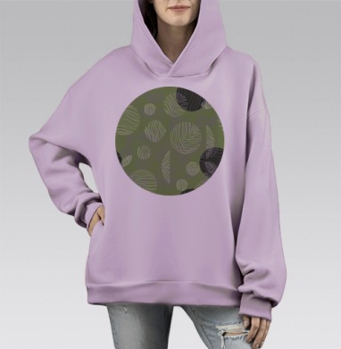 Оливковые круги с геометрической штриховкой напоминание сложных узоров, Hoodie Mono Fiolet, оверсайз, утепленная