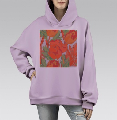 Оранжевые тюльпаны весенний букет нежности, Hoodie Mono Fiolet, оверсайз, утепленная