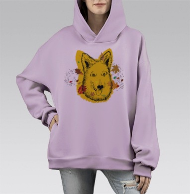 Осенний дружелюбный собака светлые желтые листья осень прогулка, Hoodie Mono Fiolet, оверсайз, утепленная