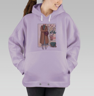 Осенний образ девушки с сумкой и кофейным напитком, Hoodie Oversize Fiolet