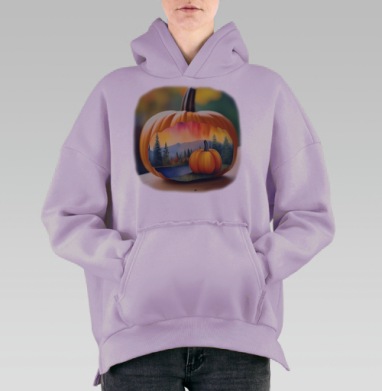 Осенняя Тыква с Пейзажем Горы и Лес на Подушке, Hoodie Oversize Fiolet, утепленная
