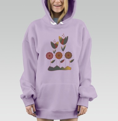 Осторожные стилизованные цветы в уютной декоративной аппликации, Hoodie Mjhigh Dig Mel, Fiolet, утепленная