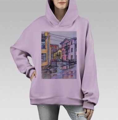 Пастельная городская улица с мокрым асфальтом Санкт Петербург, Hoodie Mono Fiolet, оверсайз, утепленная