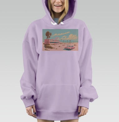 Пастельный розовый ретро автомобиль пустынный берег, Hoodie Mjhigh Dig Mel, Fiolet, утепленная