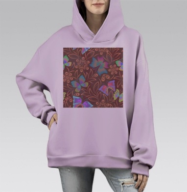 Паттерн с бабочками и узорами на коричневом фоне, Hoodie Mono Fiolet, оверсайз, утепленная
