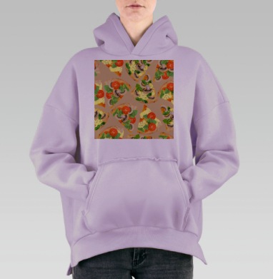 Пицца с овощами и грибами в бесшовном узоре для декора, Hoodie Oversize Fiolet, утепленная