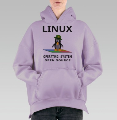 Пингвин в зеленой шляпе на фоне Linux операционная система open source, Hoodie Oversize Fiolet, утепленная
