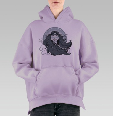 Портрет девушки эвенки с облаками и звёздами в волосах, Hoodie Oversize Fiolet, утепленная