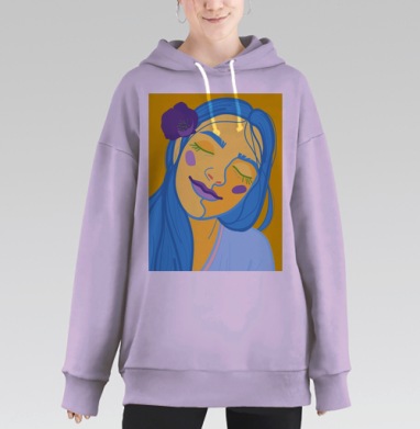Портрет улыбающейся девушки в поп-арт стиле улыбаясь медитирует, Hoodie Long Oversize Fiolet
