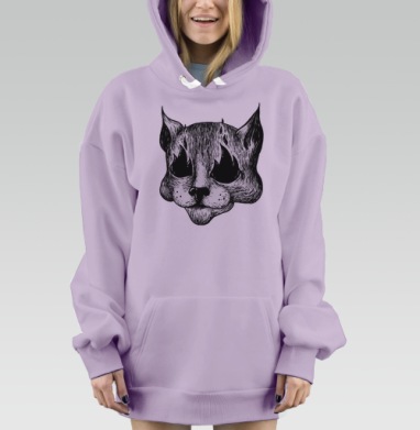 Кошачья голова с пламенными глазами в гравюре, Hoodie Mjhigh Dig Mel, Fiolet, утепленная