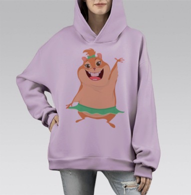 Радостная девочка хомячиха в зелёной юбке машет рукой, Hoodie Mono Fiolet, оверсайз, утепленная