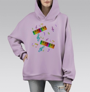 Радужные клавиши и музыкальные ноты на светло сером фоне, Hoodie Mono Fiolet, оверсайз, утепленная