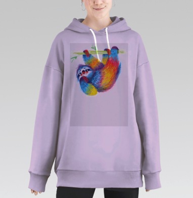 Радужный ленивец висит на ветке с улыбкой весело, Hoodie Long Oversize Fiolet