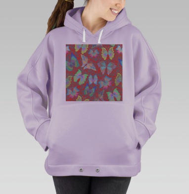 Разноцветные бабочки на серо красном фоне бесшовный принт, Hoodie Oversize Fiolet