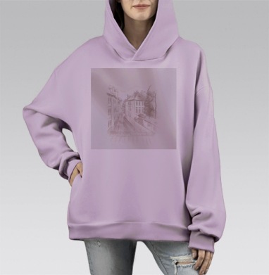 Классический карандашный эскиз городской улицы, Hoodie Mono Fiolet, оверсайз, утепленная
