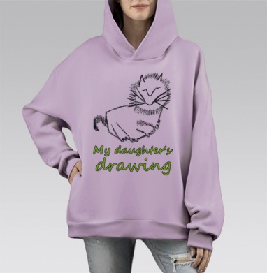 Рисунок ребенка кошка стиль детский наивный рисунок, Hoodie Mono Fiolet, оверсайз, утепленная