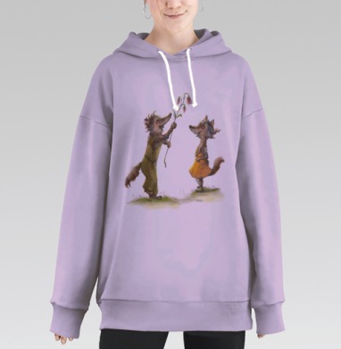 Романтическая лисичка дарит цветок милой лисичке, Hoodie Long Oversize Fiolet