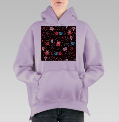 Романтические голуби с письмами и сердцами на чёрном фоне, Hoodie Oversize Fiolet, утепленная