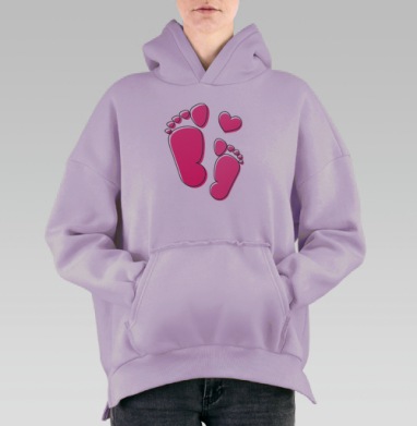 Розовые детские следы с сердцем на сером фоне, Hoodie Oversize Fiolet, утепленная