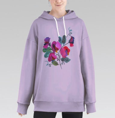 Розовые красные цветы с зелеными листьями на сером фоне живые нежные, Hoodie Long Oversize Fiolet